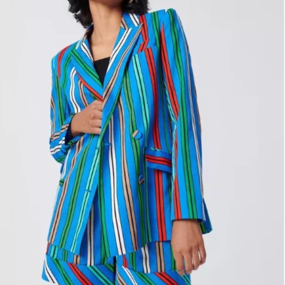 DIANE VON FURSTENBERG Double-breasted striped cotton and linen-blend blazer